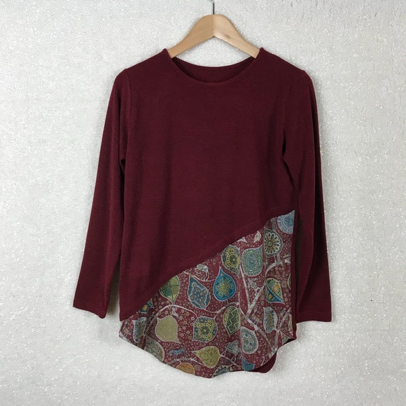 Tops - Korean Maroon Top With Paisley Asymmetrical Design